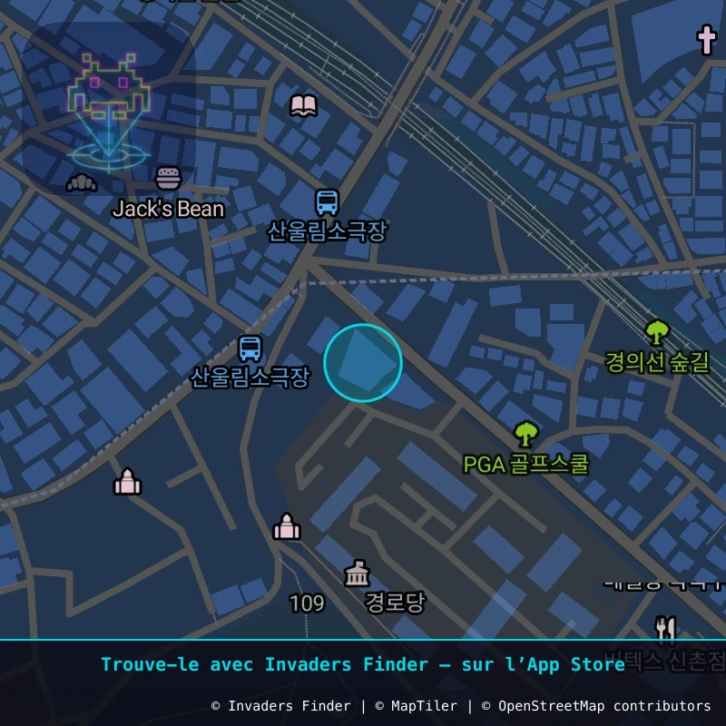 Zone approximative de l'invader SL_03, dans le quartier Hongdae, Séoul à Séoul. Emplacement exact disponible dans l'app Invaders Finder.