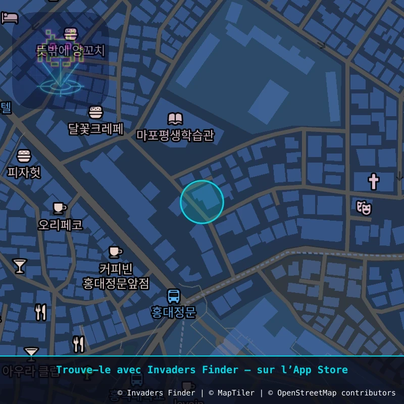 Zone approximative de l'invader SL_05, dans le quartier Hongdae, Séoul à Séoul. Emplacement exact disponible dans l'app Invaders Finder.