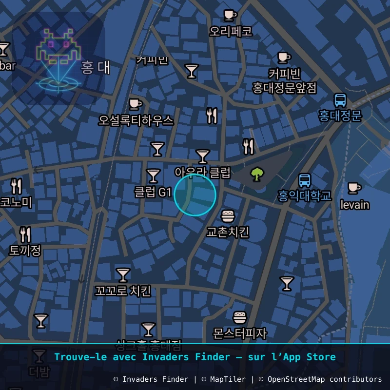 Zone approximative de l'invader SL_06, dans le quartier Hongdae, Séoul à Séoul. Emplacement exact disponible dans l'app Invaders Finder.