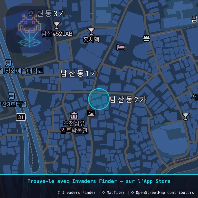 Zone approximative de l'invader SL_08, dans le quartier Namsan-dong 1-ga, Séoul à Séoul. Emplacement exact disponible dans l'app Invaders Finder.