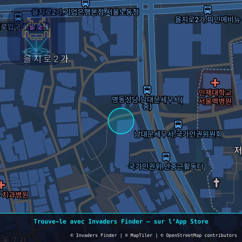 Zone approximative de l'invader SL_13, dans le quartier Namsan-dong 1-ga, Séoul à Séoul. Emplacement exact disponible dans l'app Invaders Finder.