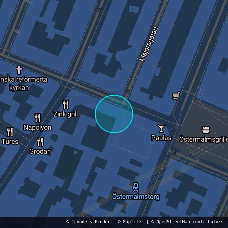 Zone approximative de l'invader STK_06, dans le quartier Östermalm, Stockholm à Stockholm. Emplacement exact disponible dans l'app Invaders Finder.