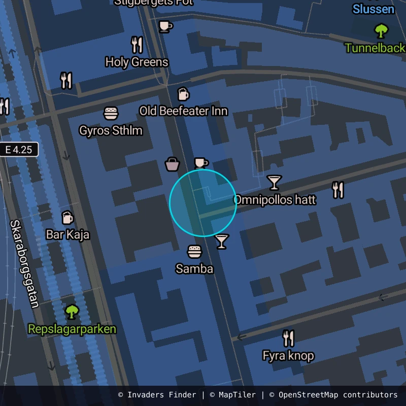 Zone approximative de l'invader STK_10, dans le quartier Södermalm, Stockholm à Stockholm. Emplacement exact disponible dans l'app Invaders Finder.