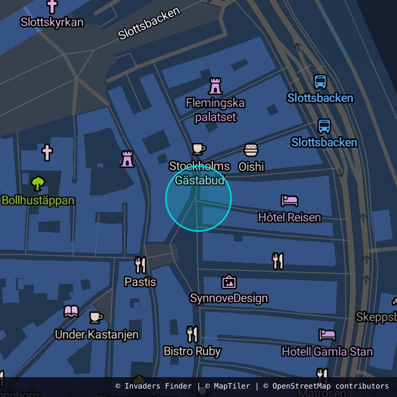 Zone approximative de l'invader STK_13, dans le quartier Gamla stan, Stockholm à Stockholm. Emplacement exact disponible dans l'app Invaders Finder.