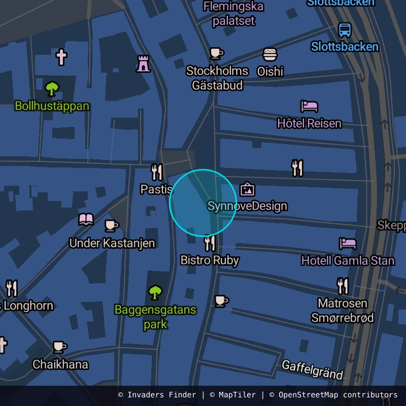 Zone approximative de l'invader STK_14, dans le quartier Gamla stan, Stockholm à Stockholm. Emplacement exact disponible dans l'app Invaders Finder.
