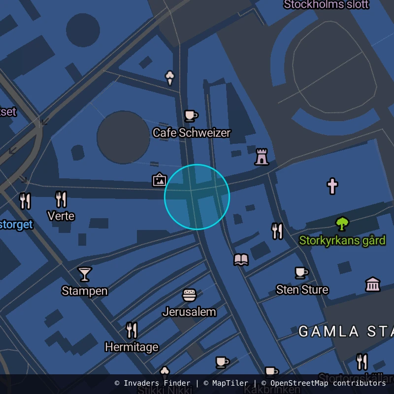 Zone approximative de l'invader STK_16, dans le quartier Gamla stan, Stockholm à Stockholm. Emplacement exact disponible dans l'app Invaders Finder.