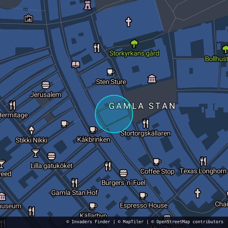 Zone approximative de l'invader STK_17, dans le quartier Gamla stan, Stockholm à Stockholm. Emplacement exact disponible dans l'app Invaders Finder.