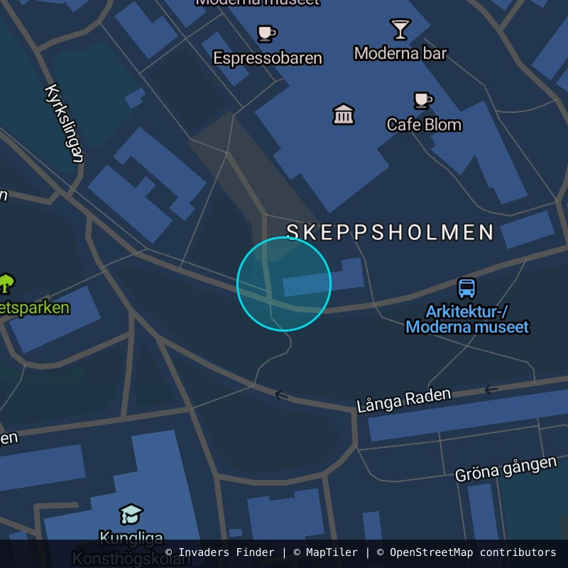 Zone approximative de l'invader STK_19, dans le quartier Skeppsholmen, Stockholm à Stockholm. Emplacement exact disponible dans l'app Invaders Finder.