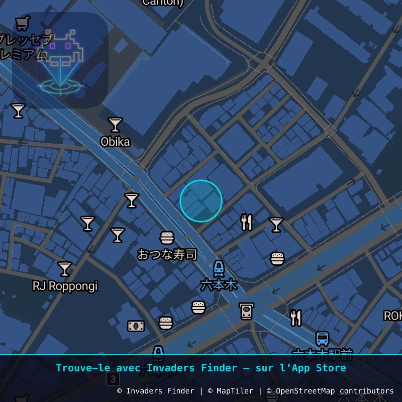 Zone approximative de l'invader TK_103, dans le quartier Roppongi 4 à Tokyo. Emplacement exact disponible dans l'app Invaders Finder.