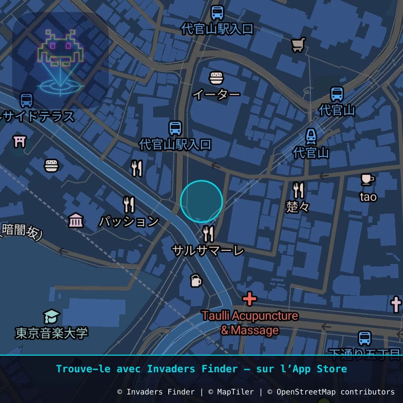 Zone approximative de l'invader TK_104, dans le quartier Sarugakuchō, Arrondissement de Shibuya à Tokyo. Emplacement exact disponible dans l'app Invaders Finder.