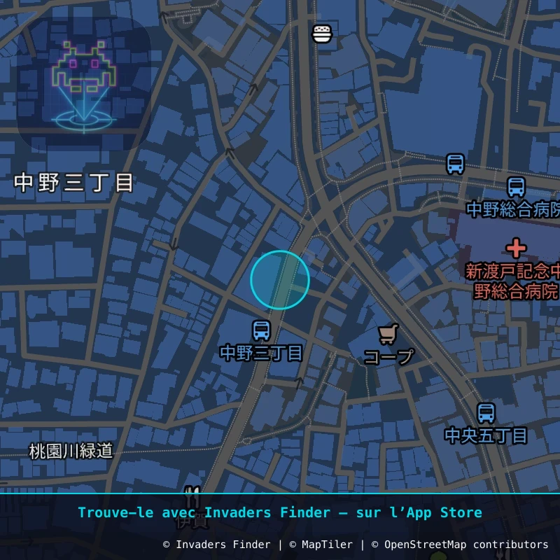 Zone approximative de l'invader TK_127, dans le quartier Chuo Gochome, Nakano à Tokyo. Emplacement exact disponible dans l'app Invaders Finder.