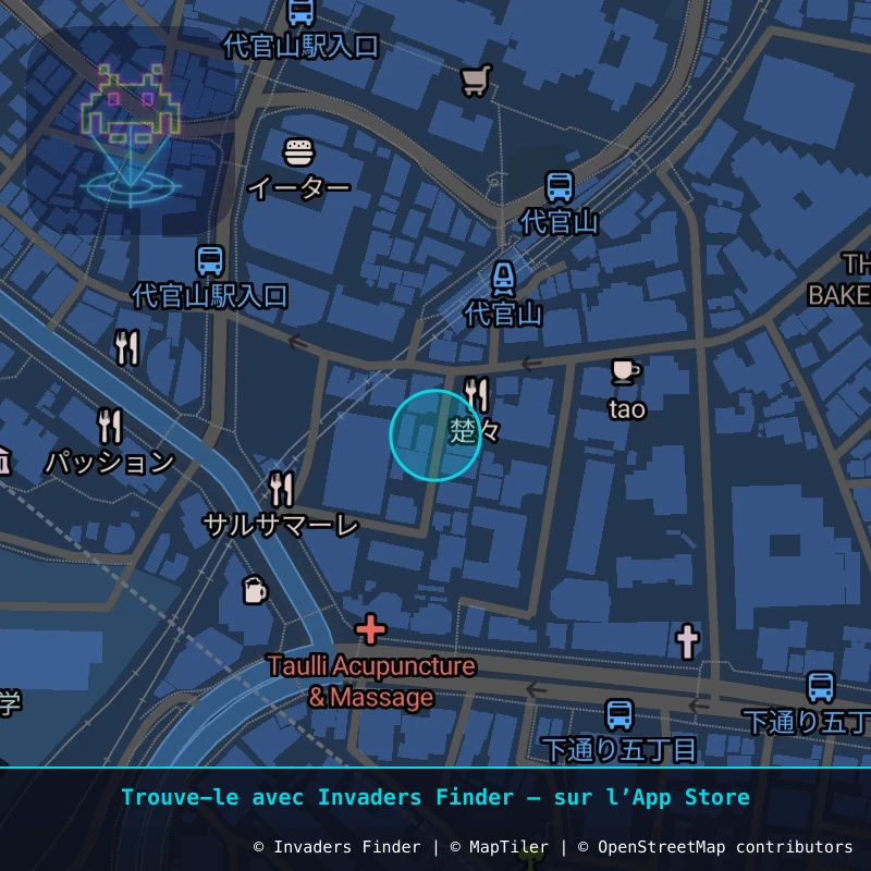 Zone approximative de l'invader TK_29, dans le quartier Sarugakuchō, Arrondissement de Shibuya à Tokyo. Emplacement exact disponible dans l'app Invaders Finder.