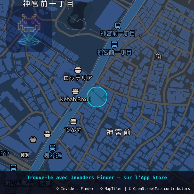 Zone approximative de l'invader TK_38, dans le quartier Jingumae 4, Arrondissement de Shibuya à Tokyo. Emplacement exact disponible dans l'app Invaders Finder.