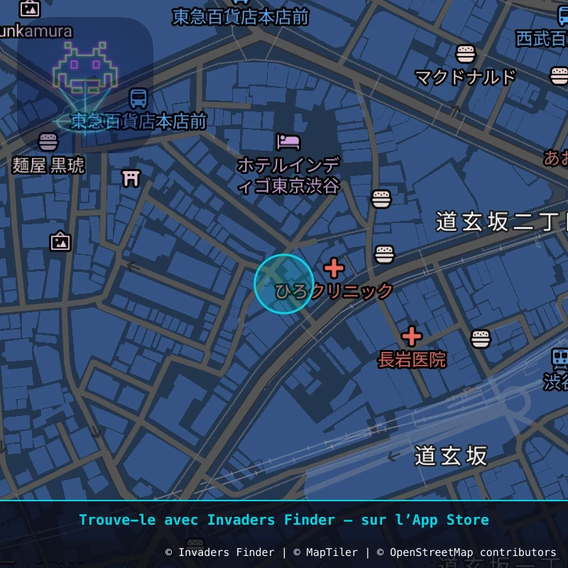 Zone approximative de l'invader TK_54, dans le quartier Sarugakuchō, Arrondissement de Shibuya à Tokyo. Emplacement exact disponible dans l'app Invaders Finder.