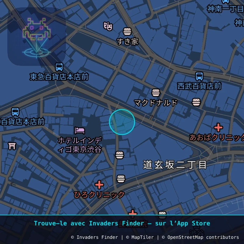 Zone approximative de l'invader TK_58, dans le quartier Jingumae 4, Arrondissement de Shibuya à Tokyo. Emplacement exact disponible dans l'app Invaders Finder.