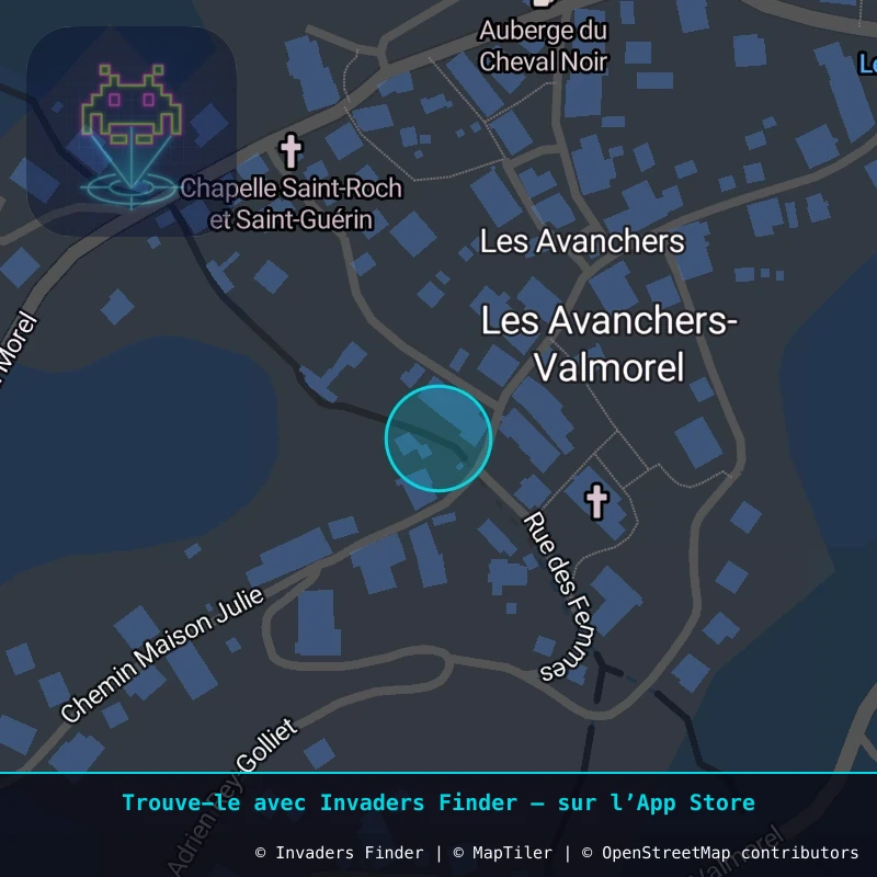 Zone approximative de l'invader VLMO_02, dans le quartier Centre-ville, Les Avanchers-Valmorel à Valmorel. Emplacement exact disponible dans l'app Invaders Finder.