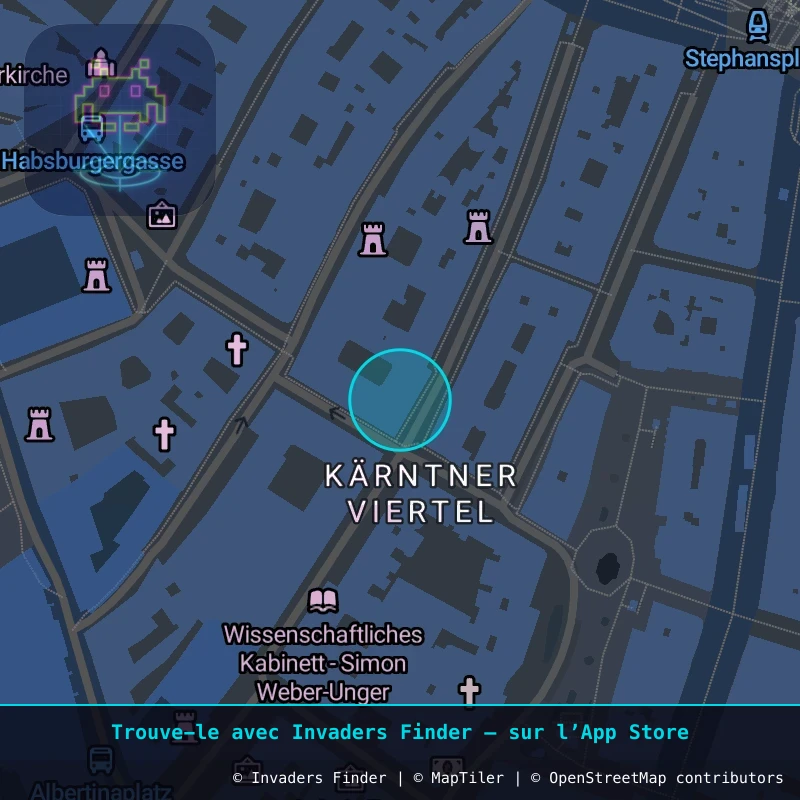 Zone approximative de l'invader WN_08, dans le quartier Magdalenengrund, Vienne à Vienne. Emplacement exact disponible dans l'app Invaders Finder.