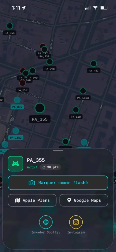 Capture d’écran : Fiche détail dans Invaders Finder