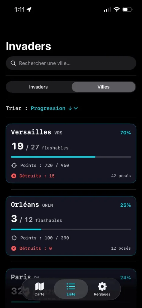 Capture d’écran : Liste dans Invaders Finder