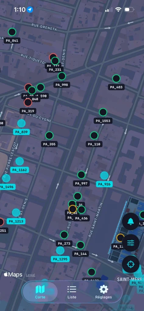 Capture d'écran : carte des invaders à Paris dans Invaders Finder