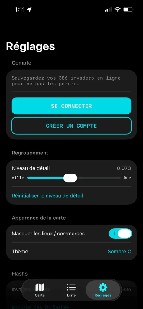 Capture d’écran : Réglages dans Invaders Finder